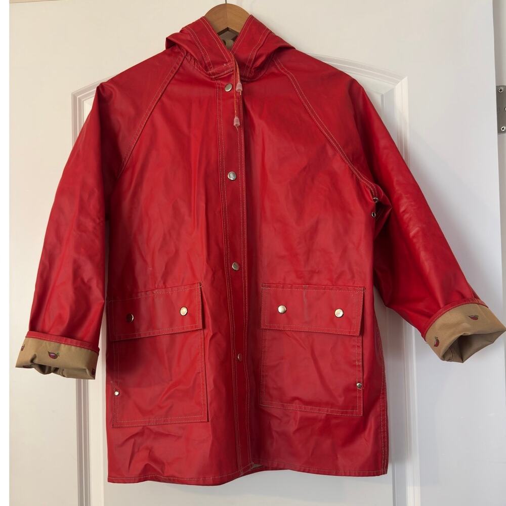 Vintage Items International Red Vinyl Raincoat Hooded Slicker Jacket Size M